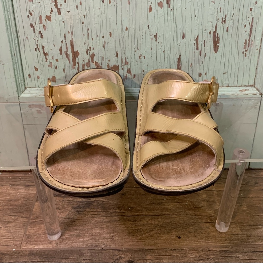 Women’s Alegria yellow leather slip on wedge sandals
